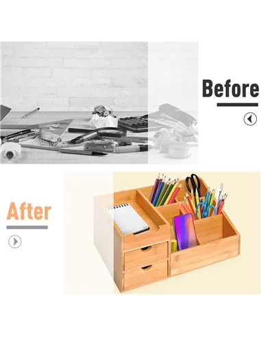 HOMCOM Desk Organiser Holder, Bamboo Multi-Function Storage Caddy with 7 Storage Compartments and 2 Drawers for Home Office Stat