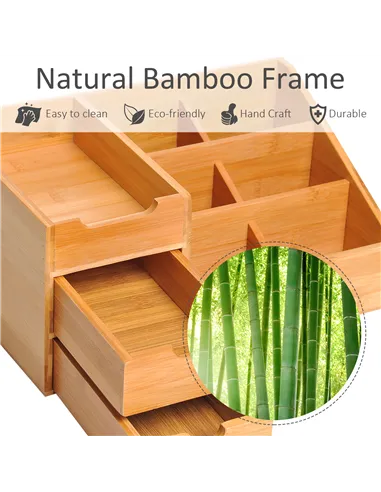 HOMCOM Desk Organiser Holder, Bamboo Multi-Function Storage Caddy with 7 Storage Compartments and 2 Drawers for Home Office Stat