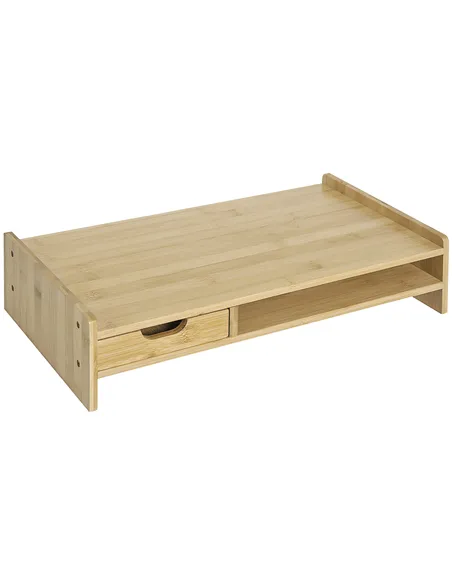 HOMCOM Monitor Riser Laptop PC Plinth Stand TV Computer Desktop Organiser W/ Drawer Bamboo