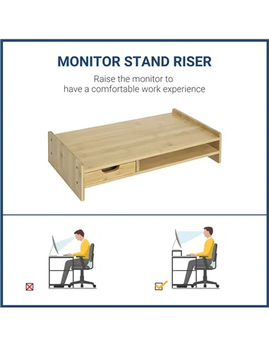 HOMCOM Monitor Riser Laptop PC Plinth Stand TV Computer Desktop Organiser W/ Drawer Bamboo