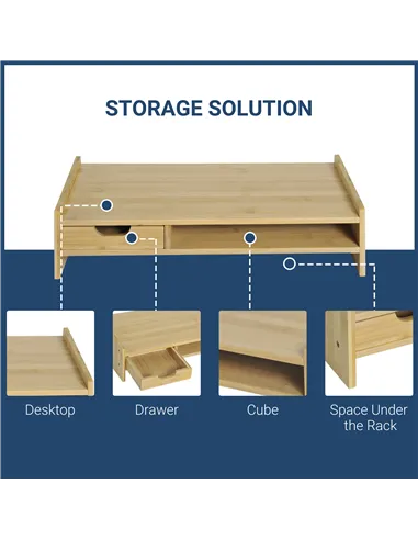 HOMCOM Monitor Riser Laptop PC Plinth Stand TV Computer Desktop Organiser W/ Drawer Bamboo