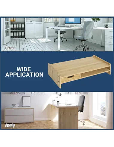 HOMCOM Monitor Riser Laptop PC Plinth Stand TV Computer Desktop Organiser W/ Drawer Bamboo