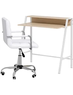 HOMCOM Home Office Chair and Computer Desk Set, Faux Leather Desk Chair with Swivel Wheels, Study Desk with Storage Shelf, White