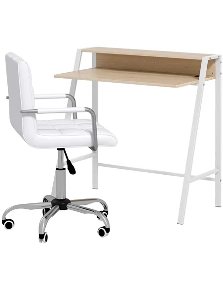 HOMCOM Home Office Chair and Computer Desk Set, Faux Leather Desk Chair with Swivel Wheels, Study Desk with Storage Shelf, White