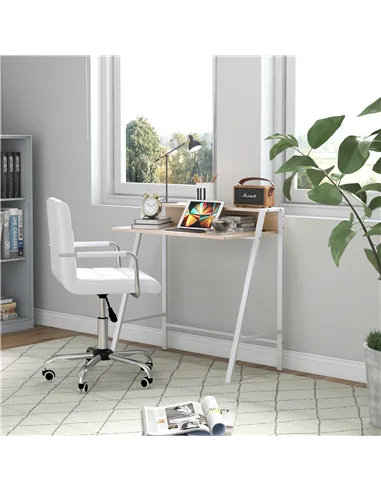 HOMCOM Home Office Chair and Computer Desk Set, Faux Leather Desk Chair with Swivel Wheels, Study Desk with Storage Shelf, White