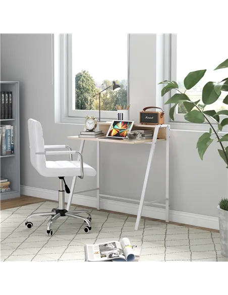 HOMCOM Home Office Chair and Computer Desk Set, Faux Leather Desk Chair with Swivel Wheels, Study Desk with Storage Shelf, White