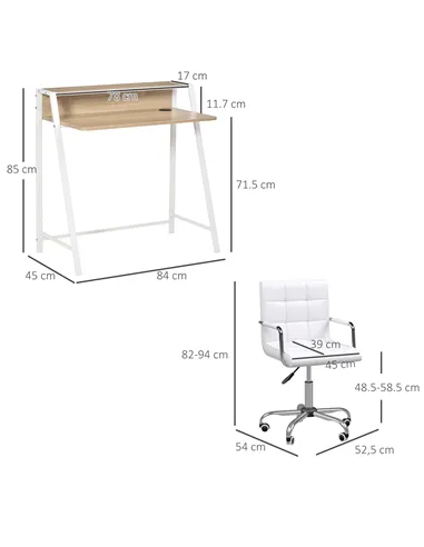 HOMCOM Home Office Chair and Computer Desk Set, Faux Leather Desk Chair with Swivel Wheels, Study Desk with Storage Shelf, White