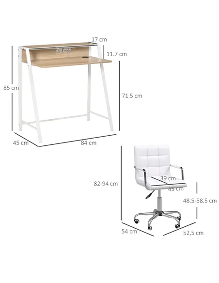 HOMCOM Home Office Chair and Computer Desk Set, Faux Leather Desk Chair with Swivel Wheels, Study Desk with Storage Shelf, White