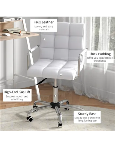 HOMCOM Home Office Chair and Computer Desk Set, Faux Leather Desk Chair with Swivel Wheels, Study Desk with Storage Shelf, White