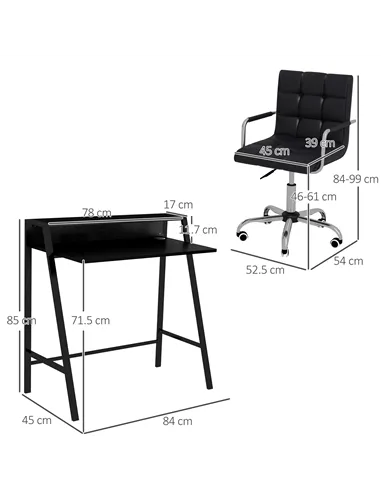HOMCOM Home Office Chair and Computer Desk Set, Faux Leather Desk Chair with Swivel Wheels, Study Desk with Storage Shelf, Black