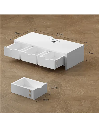HOMCOM Monitor Stand Riser with 3 Drawers, Monitor Riser for Laptop, Computer, PC, Small Printer, 51 x 24 x 13cm, White