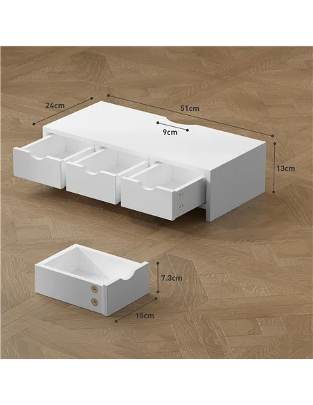 HOMCOM Monitor Stand Riser with 3 Drawers, Monitor Riser for Laptop, Computer, PC, Small Printer, 51 x 24 x 13cm, White