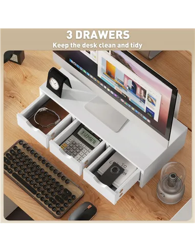 HOMCOM Monitor Stand Riser with 3 Drawers, Monitor Riser for Laptop, Computer, PC, Small Printer, 51 x 24 x 13cm, White