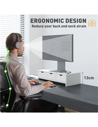 HOMCOM Monitor Stand Riser with 3 Drawers, Monitor Riser for Laptop, Computer, PC, Small Printer, 51 x 24 x 13cm, White