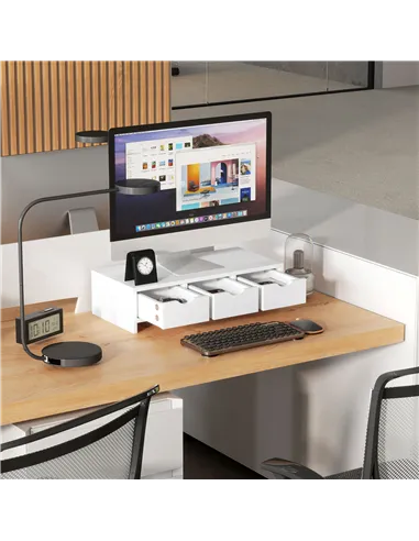 HOMCOM Monitor Stand Riser with 3 Drawers, Monitor Riser for Laptop, Computer, PC, Small Printer, 51 x 24 x 13cm, White