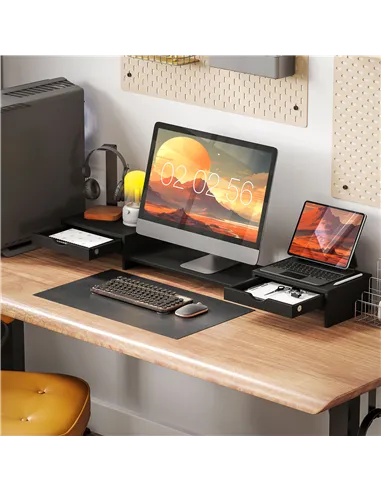 HOMCOM Dual Monitor Stand Riser with 2 Drawers, Adjustable Length and Angle, 116cm Monitor Riser for Laptop, Computer, PC, Small