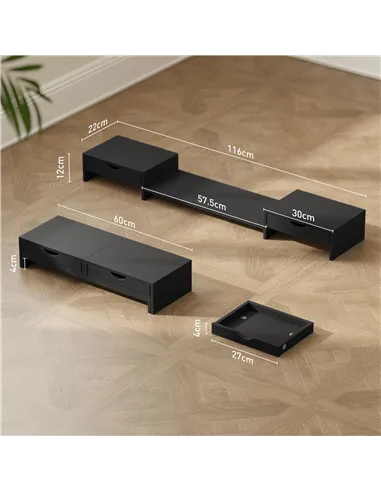 HOMCOM Dual Monitor Stand Riser with 2 Drawers, Adjustable Length and Angle, 116cm Monitor Riser for Laptop, Computer, PC, Small
