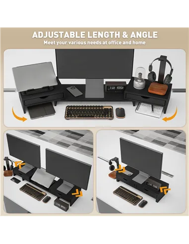 HOMCOM Dual Monitor Stand Riser with 2 Drawers, Adjustable Length and Angle, 116cm Monitor Riser for Laptop, Computer, PC, Small