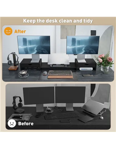 HOMCOM Dual Monitor Stand Riser with 2 Drawers, Adjustable Length and Angle, 116cm Monitor Riser for Laptop, Computer, PC, Small