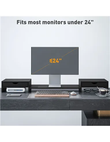 HOMCOM Dual Monitor Stand Riser with 2 Drawers, Adjustable Length and Angle, 116cm Monitor Riser for Laptop, Computer, PC, Small