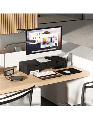 HOMCOM Dual Monitor Stand Riser with 2 Drawers, Adjustable Length and Angle, 116cm Monitor Riser for Laptop, Computer, PC, Small