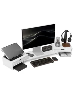 HOMCOM Dual Monitor Stand Riser with 2 Drawers, Adjustable Length and Angle, 116cm Monitor Riser for Laptop, Computer, PC, Small