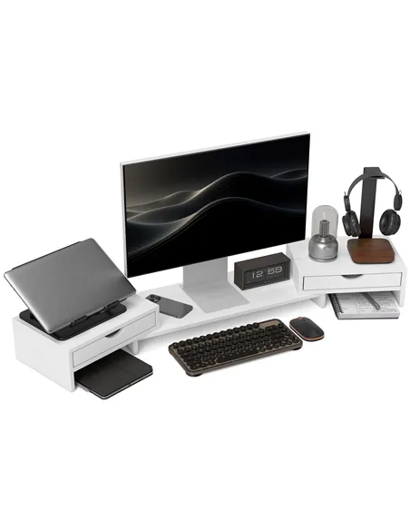 HOMCOM Dual Monitor Stand Riser with 2 Drawers, Adjustable Length and Angle, 116cm Monitor Riser for Laptop, Computer, PC, Small