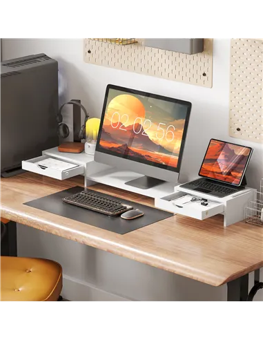 HOMCOM Dual Monitor Stand Riser with 2 Drawers, Adjustable Length and Angle, 116cm Monitor Riser for Laptop, Computer, PC, Small