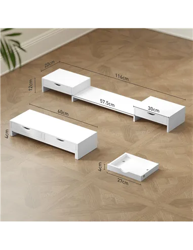 HOMCOM Dual Monitor Stand Riser with 2 Drawers, Adjustable Length and Angle, 116cm Monitor Riser for Laptop, Computer, PC, Small