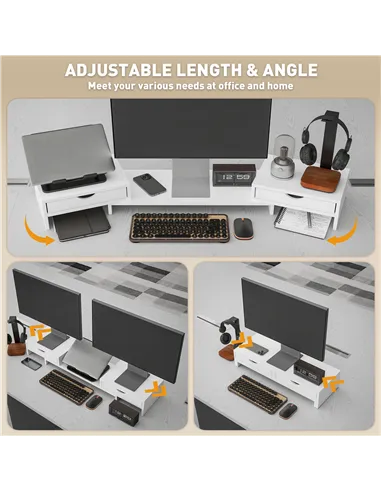 HOMCOM Dual Monitor Stand Riser with 2 Drawers, Adjustable Length and Angle, 116cm Monitor Riser for Laptop, Computer, PC, Small
