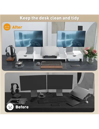 HOMCOM Dual Monitor Stand Riser with 2 Drawers, Adjustable Length and Angle, 116cm Monitor Riser for Laptop, Computer, PC, Small