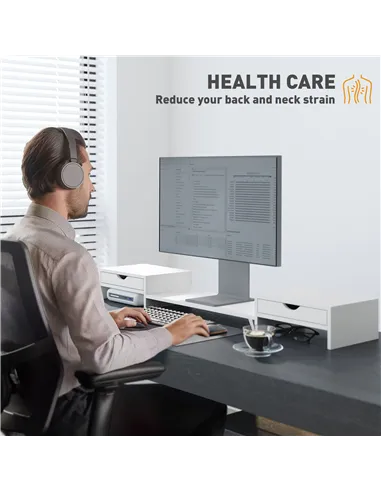 HOMCOM Dual Monitor Stand Riser with 2 Drawers, Adjustable Length and Angle, 116cm Monitor Riser for Laptop, Computer, PC, Small