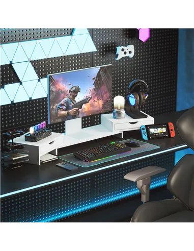 HOMCOM Dual Monitor Stand Riser with 2 Drawers, Adjustable Length and Angle, 116cm Monitor Riser for Laptop, Computer, PC, Small