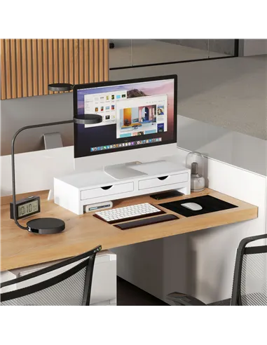 HOMCOM Dual Monitor Stand Riser with 2 Drawers, Adjustable Length and Angle, 116cm Monitor Riser for Laptop, Computer, PC, Small