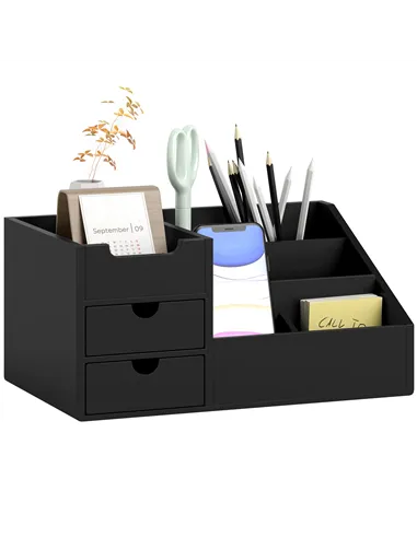 HOMCOM Desk Organiser Holder, Bamboo Multi-Function Storage Caddy with 7 Storage Compartments and 2 Drawers for Home Office Stat