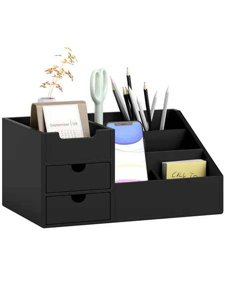 HOMCOM Desk Organiser Holder, Bamboo Multi-Function Storage Caddy with 7 Storage Compartments and 2 Drawers for Home Office Stat