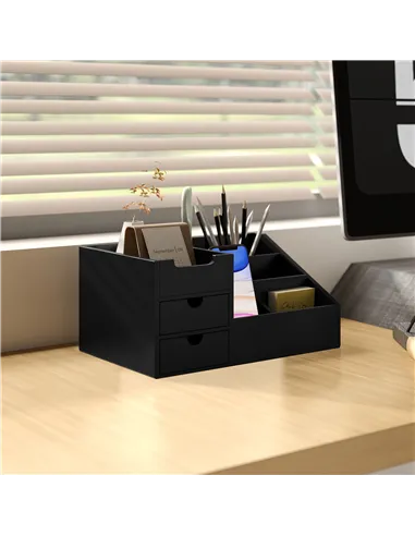 HOMCOM Desk Organiser Holder, Bamboo Multi-Function Storage Caddy with 7 Storage Compartments and 2 Drawers for Home Office Stat