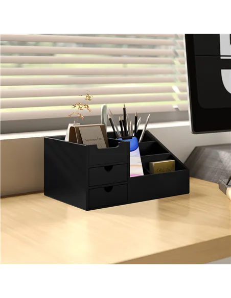 HOMCOM Desk Organiser Holder, Bamboo Multi-Function Storage Caddy with 7 Storage Compartments and 2 Drawers for Home Office Stat