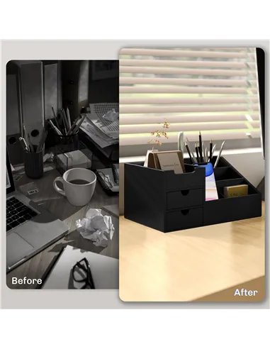 HOMCOM Desk Organiser Holder, Bamboo Multi-Function Storage Caddy with 7 Storage Compartments and 2 Drawers for Home Office Stat