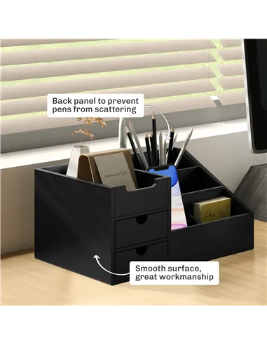HOMCOM Desk Organiser Holder, Bamboo Multi-Function Storage Caddy with 7 Storage Compartments and 2 Drawers for Home Office Stat