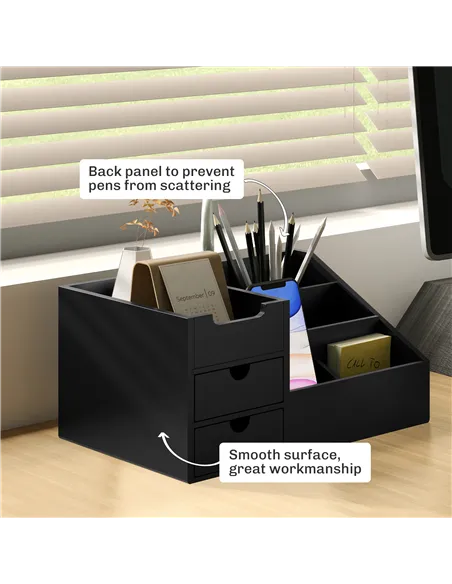 HOMCOM Desk Organiser Holder, Bamboo Multi-Function Storage Caddy with 7 Storage Compartments and 2 Drawers for Home Office Stat
