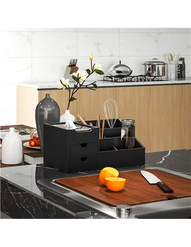 HOMCOM Desk Organiser Holder, Bamboo Multi-Function Storage Caddy with 7 Storage Compartments and 2 Drawers for Home Office Stat