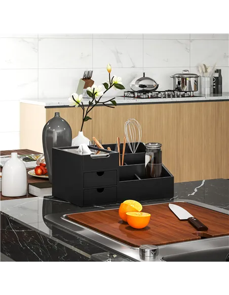 HOMCOM Desk Organiser Holder, Bamboo Multi-Function Storage Caddy with 7 Storage Compartments and 2 Drawers for Home Office Stat