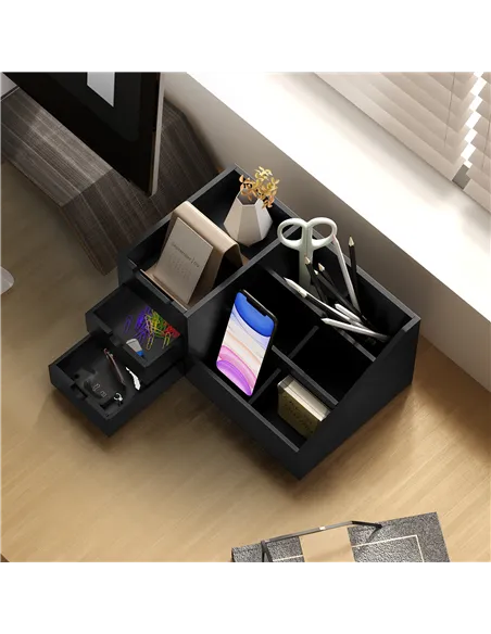 HOMCOM Desk Organiser Holder, Bamboo Multi-Function Storage Caddy with 7 Storage Compartments and 2 Drawers for Home Office Stat