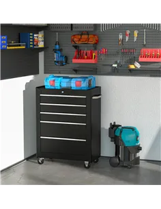 HOMCOM 5-Drawer Tool Chest, Lockable Steel Tool Storage Cabinet with Wheels and Handle Tool Box for Garage, Workshop, Black 2