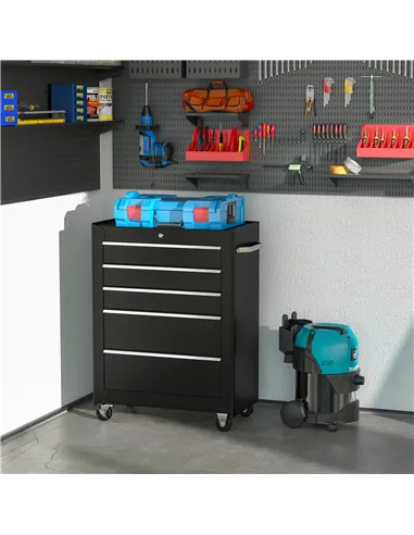 HOMCOM 5-Drawer Tool Chest, Lockable Steel Tool Storage Cabinet with Wheels and Handle Tool Box for Garage, Workshop, Black