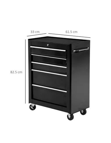 HOMCOM 5-Drawer Tool Chest, Lockable Steel Tool Storage Cabinet with Wheels and Handle Tool Box for Garage, Workshop, Black