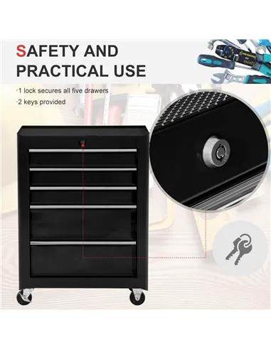 HOMCOM 5-Drawer Tool Chest, Lockable Steel Tool Storage Cabinet with Wheels and Handle Tool Box for Garage, Workshop, Black