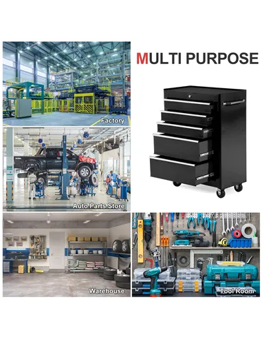 HOMCOM 5-Drawer Tool Chest, Lockable Steel Tool Storage Cabinet with Wheels and Handle Tool Box for Garage, Workshop, Black