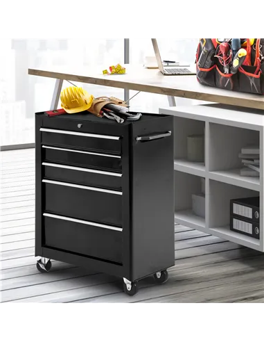 HOMCOM 5-Drawer Tool Chest, Lockable Steel Tool Storage Cabinet with Wheels and Handle Tool Box for Garage, Workshop, Black